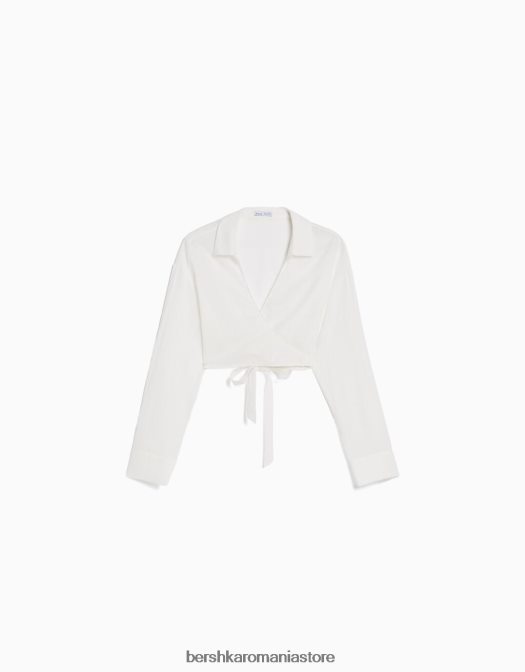 Bershka femei cămașă încrucișată cu mânecă lungă din amestec de in alb Z86D910 îmbrăcăminte