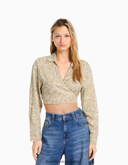 Bershka femei cămașă încrucișată cu mânecă lungă din amestec de in nisip Z86D911 îmbrăcăminte