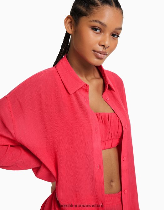 Bershka femei cămașă oversize din crepon cu mânecă lungă coral Z86D919 îmbrăcăminte