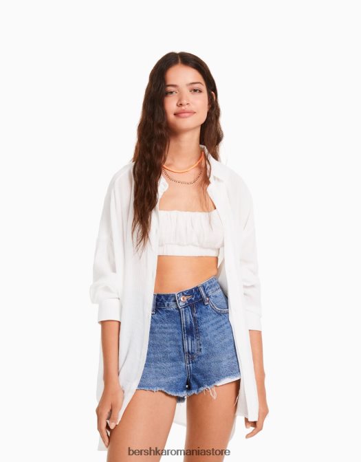 Bershka femei cămașă oversize din crepon cu mânecă lungă cremă Z86D916 îmbrăcăminte