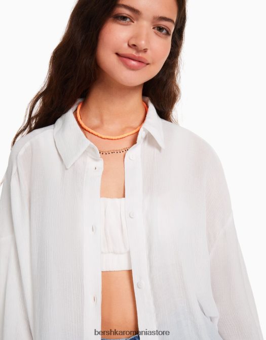 Bershka femei cămașă oversize din crepon cu mânecă lungă cremă Z86D916 îmbrăcăminte