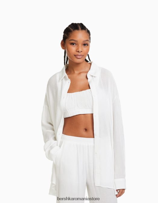 Bershka femei cămașă oversize din crepon cu mânecă lungă cremă Z86D917 îmbrăcăminte
