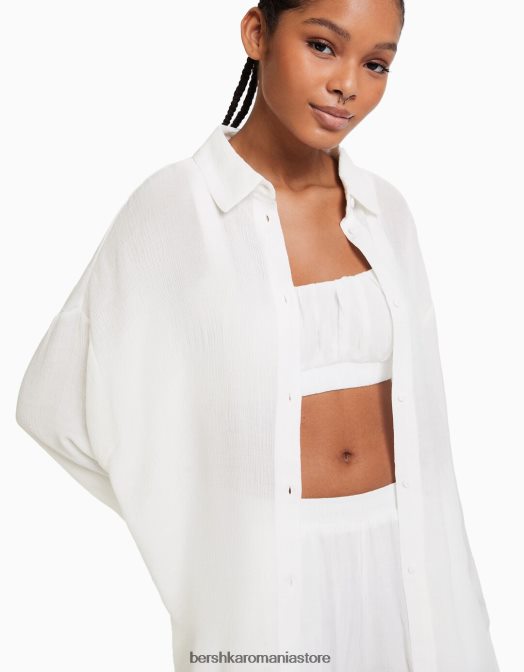 Bershka femei cămașă oversize din crepon cu mânecă lungă cremă Z86D917 îmbrăcăminte