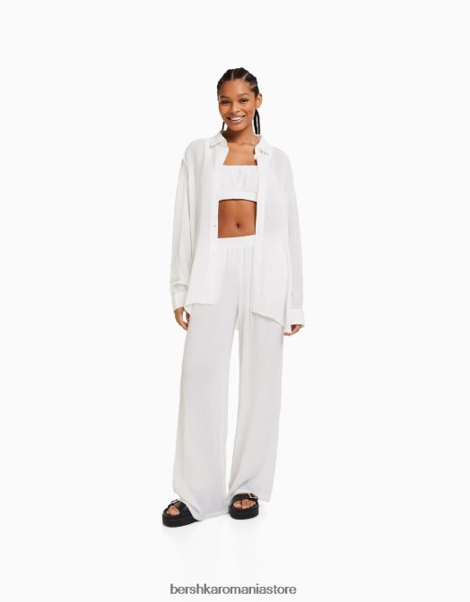 Bershka femei cămașă oversize din crepon cu mânecă lungă cremă Z86D917 îmbrăcăminte