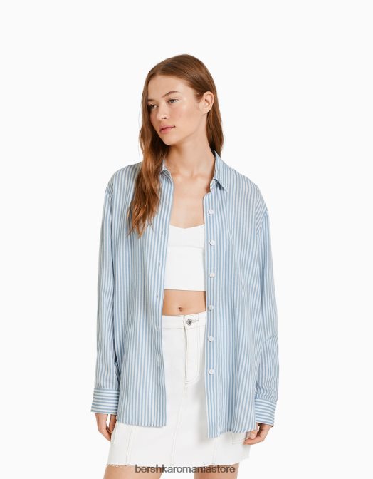Bershka femei cămașă oversize din in cu mânecă lungă albastru deschis Z86D902 îmbrăcăminte