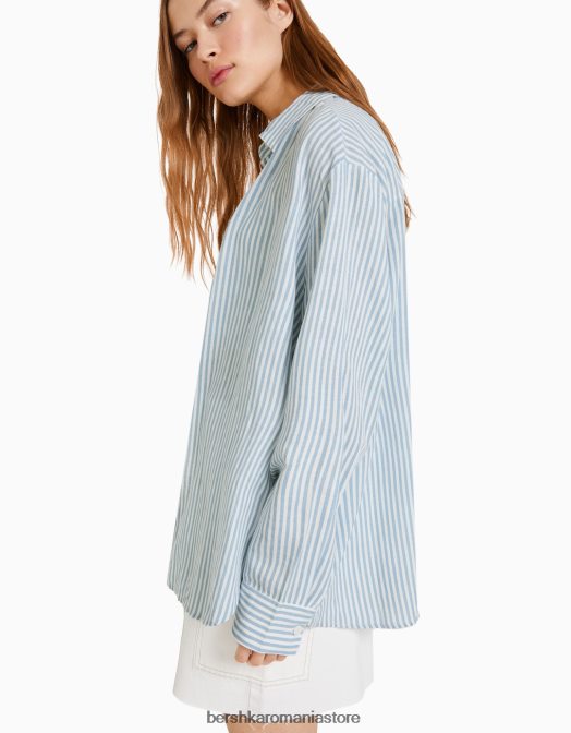 Bershka femei cămașă oversize din in cu mânecă lungă albastru deschis Z86D902 îmbrăcăminte