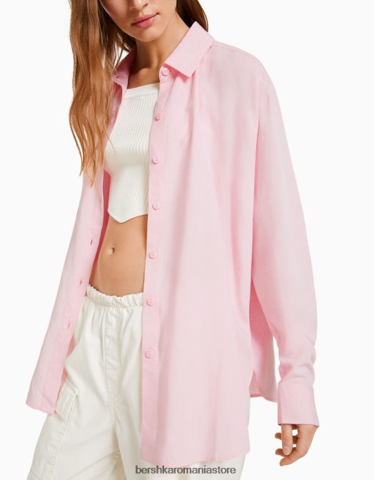 Bershka femei cămașă oversize din in cu mânecă lungă roz Z86D904 îmbrăcăminte