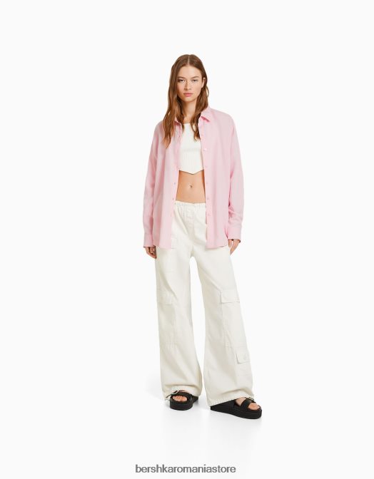 Bershka femei cămașă oversize din in cu mânecă lungă roz Z86D904 îmbrăcăminte