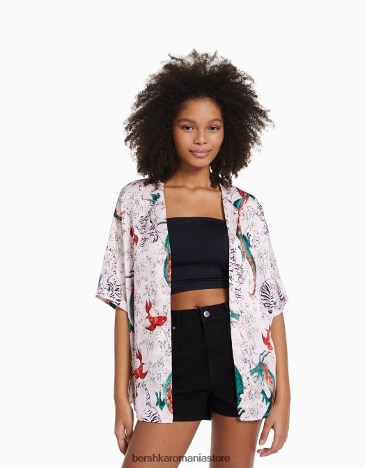 Bershka femei cămașă oversize din satin cu mânecă scurtă imprimată violet Z86D936 îmbrăcăminte