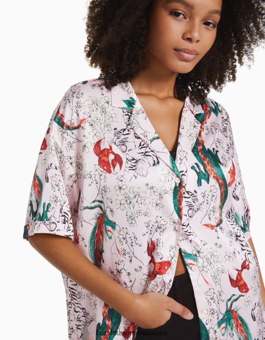 Bershka femei cămașă oversize din satin cu mânecă scurtă imprimată violet Z86D936 îmbrăcăminte