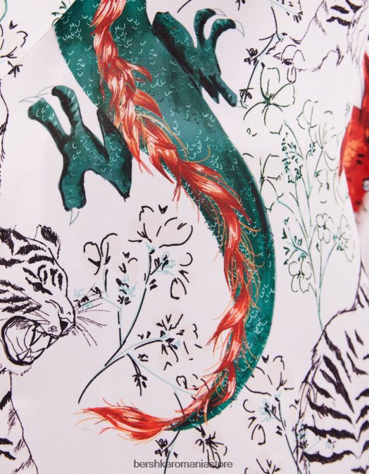 Bershka femei cămașă oversize din satin cu mânecă scurtă imprimată violet Z86D936 îmbrăcăminte