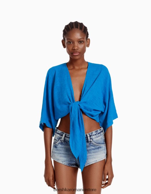 Bershka femei cămașă rustică cu mânecă scurtă albastru Z86D900 îmbrăcăminte