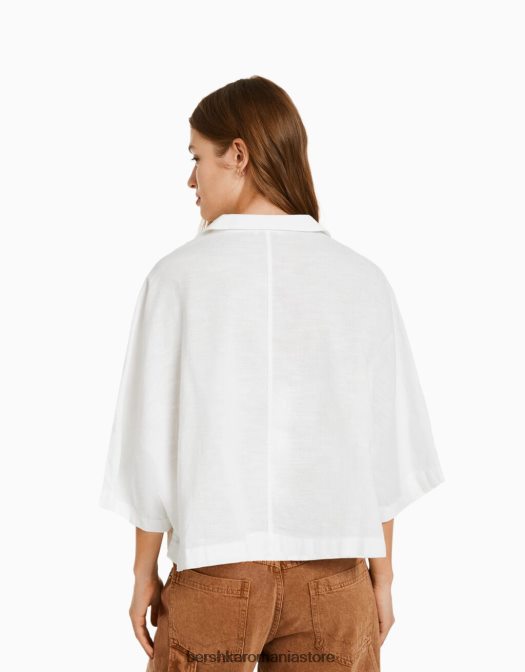 Bershka femei cămașă rustică cu mânecă scurtă în stil kimono alb Z86D913 îmbrăcăminte