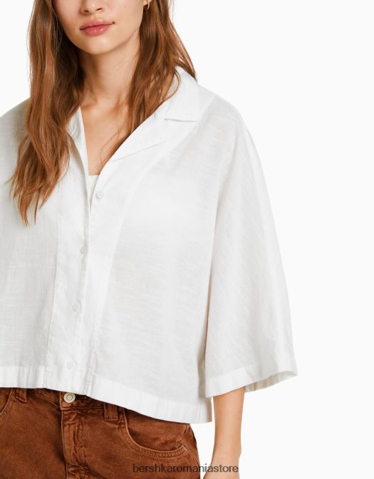 Bershka femei cămașă rustică cu mânecă scurtă în stil kimono alb Z86D913 îmbrăcăminte
