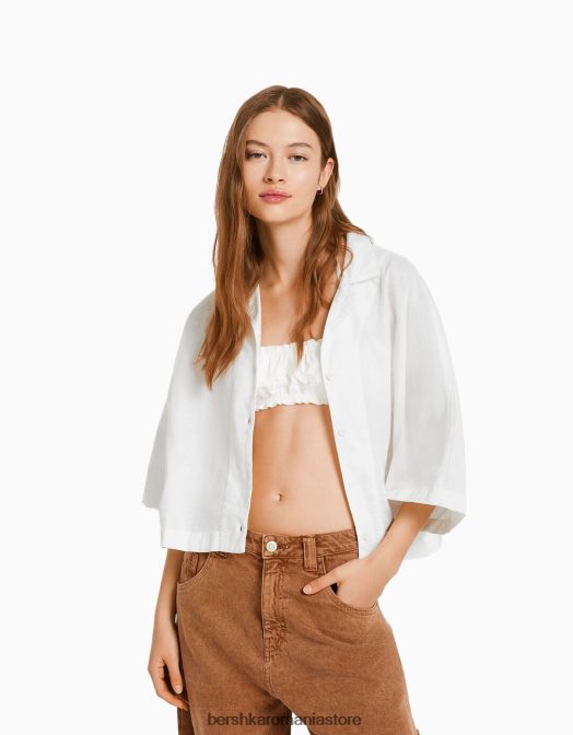 Bershka femei cămașă rustică cu mânecă scurtă în stil kimono alb Z86D915 îmbrăcăminte