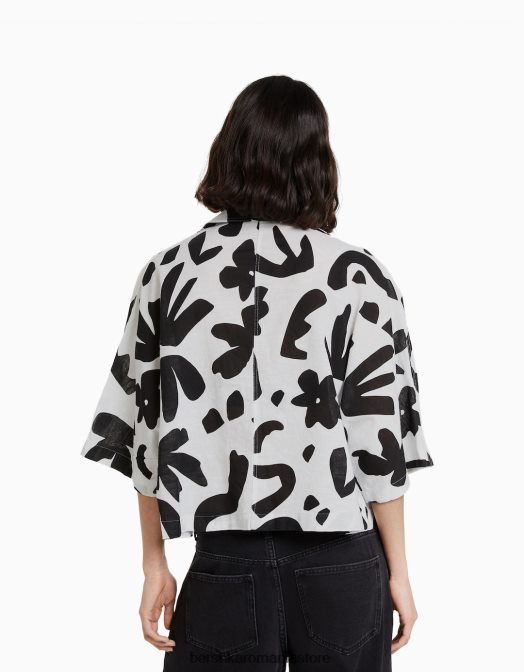 Bershka femei cămașă rustică cu mânecă scurtă în stil kimono alb negru Z86D912 îmbrăcăminte