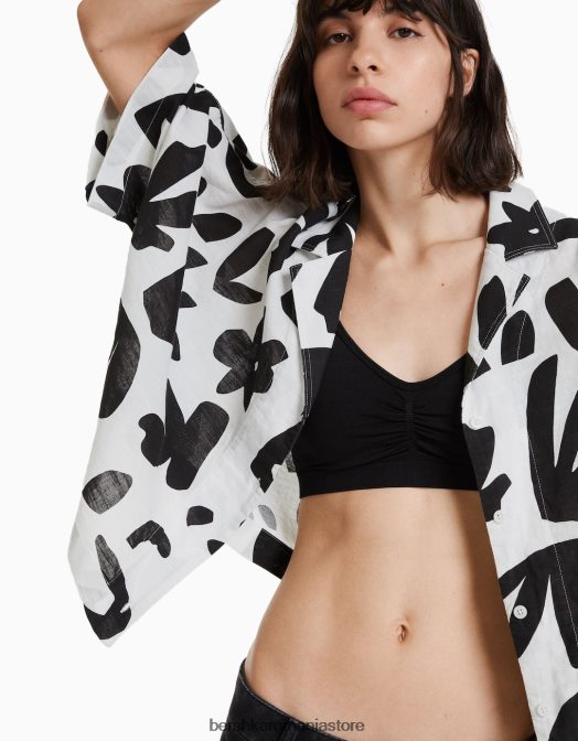 Bershka femei cămașă rustică cu mânecă scurtă în stil kimono alb negru Z86D912 îmbrăcăminte