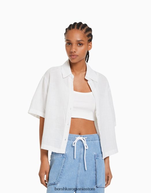 Bershka femei cămașă rustică texturată cu mânecă scurtă alb Z86D905 îmbrăcăminte