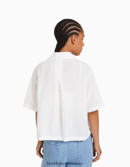 Bershka femei cămașă rustică texturată cu mânecă scurtă alb Z86D905 îmbrăcăminte