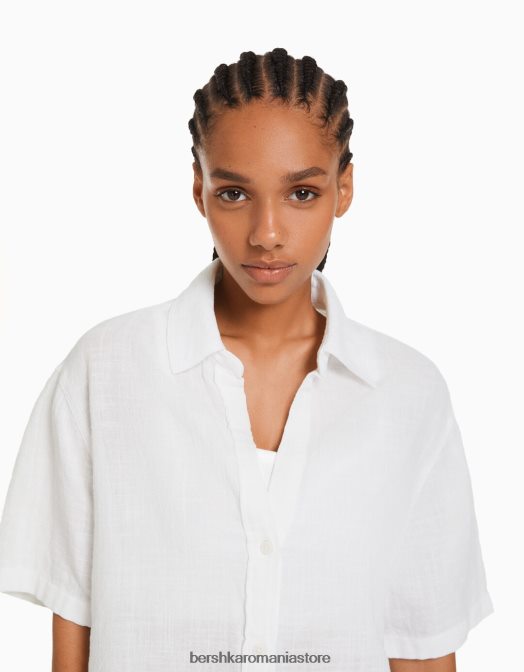 Bershka femei cămașă rustică texturată cu mânecă scurtă alb Z86D905 îmbrăcăminte
