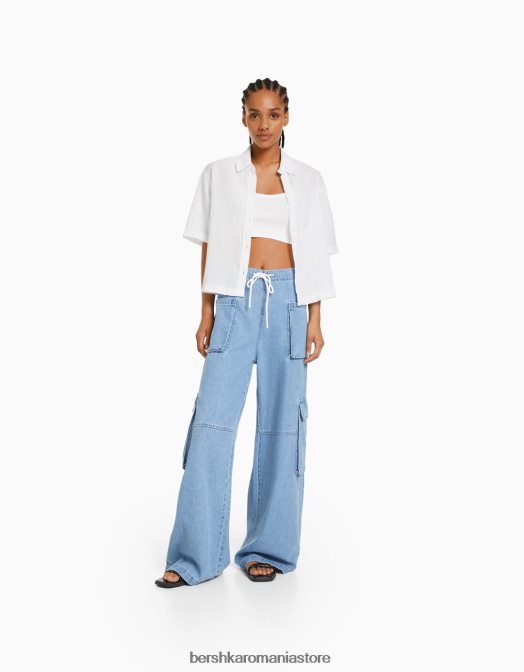 Bershka femei cămașă rustică texturată cu mânecă scurtă alb Z86D905 îmbrăcăminte