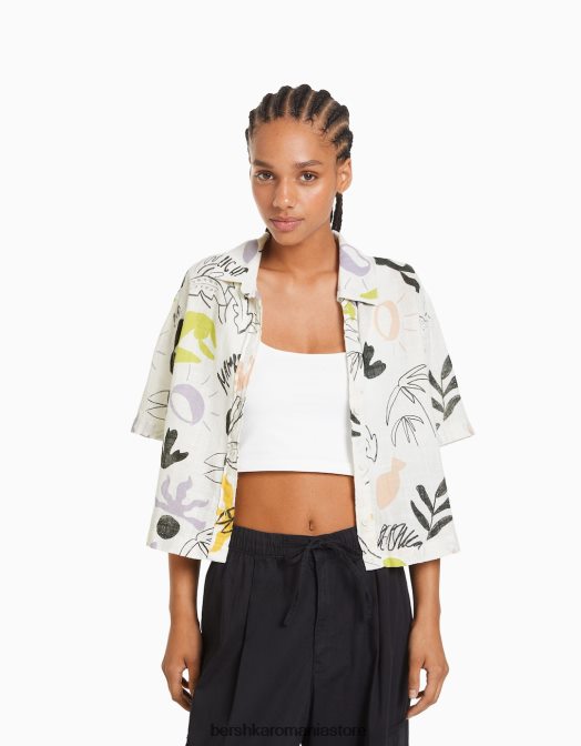 Bershka femei cămașă rustică texturată cu mânecă scurtă alb negru Z86D906 îmbrăcăminte