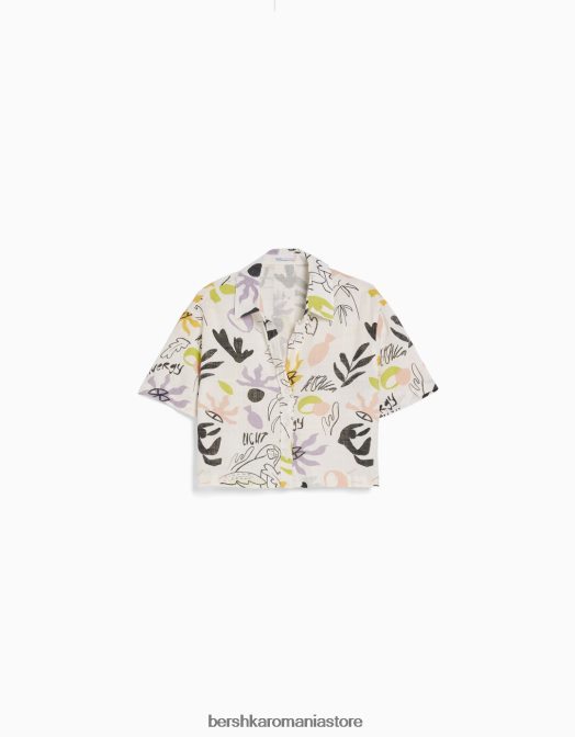 Bershka femei cămașă rustică texturată cu mânecă scurtă alb negru Z86D906 îmbrăcăminte