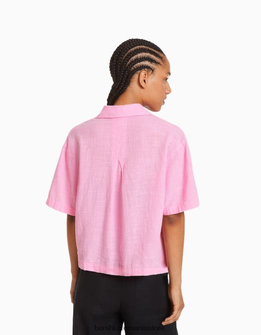 Bershka femei cămașă rustică texturată cu mânecă scurtă roz Z86D907 îmbrăcăminte