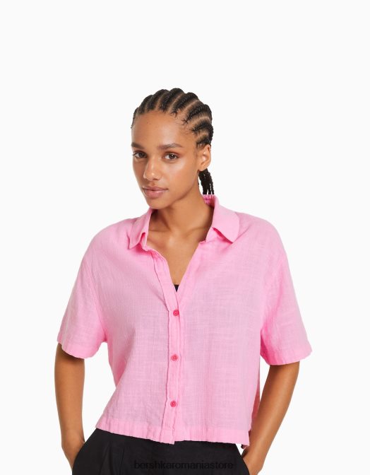 Bershka femei cămașă rustică texturată cu mânecă scurtă roz Z86D907 îmbrăcăminte