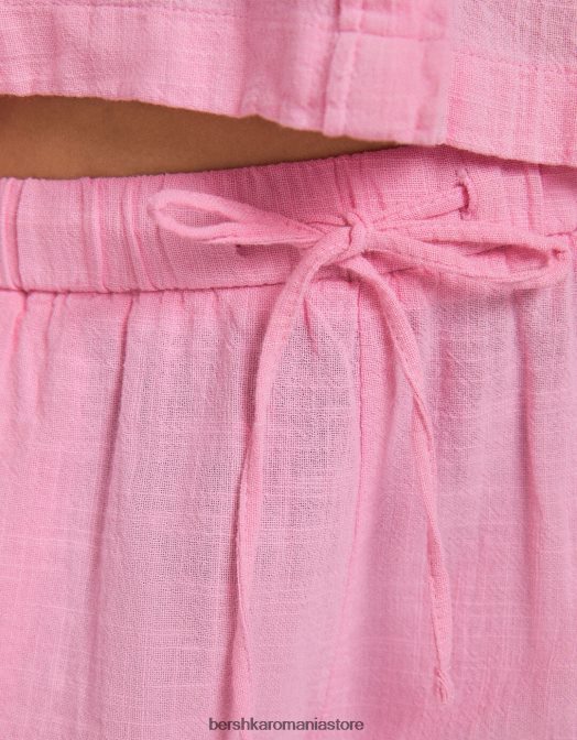 Bershka femei cămașă rustică texturată cu mânecă scurtă roz Z86D907 îmbrăcăminte