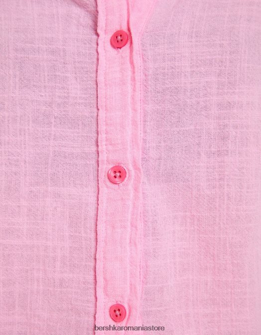 Bershka femei cămașă rustică texturată cu mânecă scurtă roz Z86D907 îmbrăcăminte