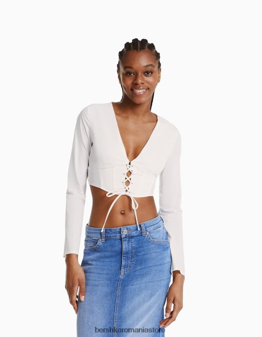 Bershka femei cămașă tip corset din popelin cu șireturi, cu mâneci lungi alte Z86D937 îmbrăcăminte