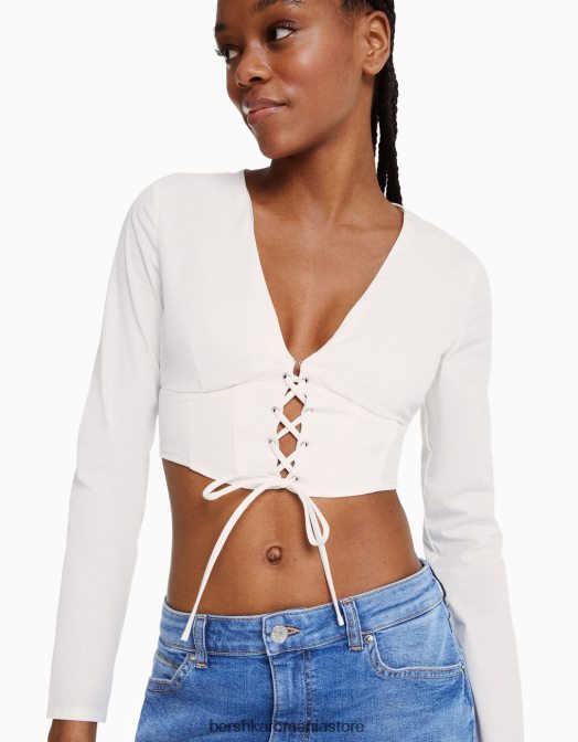 Bershka femei cămașă tip corset din popelin cu șireturi, cu mâneci lungi alte Z86D937 îmbrăcăminte