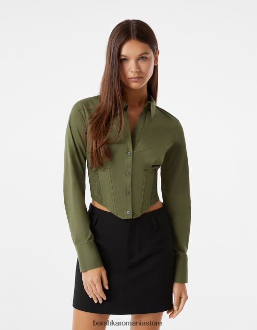 Bershka femei cămașă tip corset din poplin, cu mâneci lungi kaki Z86D930 îmbrăcăminte