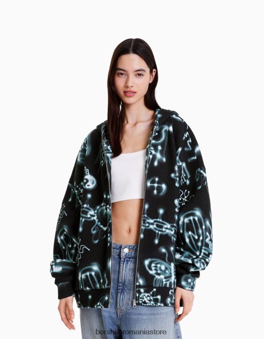 Alehsy x Bershka femei hanorac imprimat cu fermoar negru Z86D1214 îmbrăcăminte
