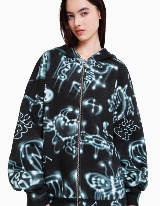 Alehsy x Bershka femei hanorac imprimat cu fermoar negru Z86D1214 îmbrăcăminte