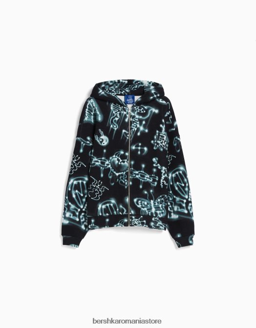 Alehsy x Bershka femei hanorac imprimat cu fermoar negru Z86D1214 îmbrăcăminte