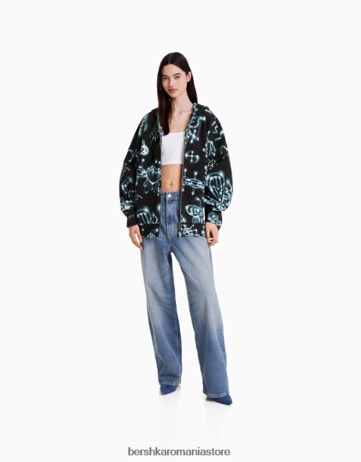 Alehsy x Bershka femei hanorac imprimat cu fermoar negru Z86D2069 îmbrăcăminte