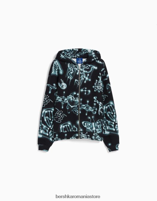 Alehsy x Bershka femei hanorac imprimat cu fermoar negru Z86D2069 îmbrăcăminte