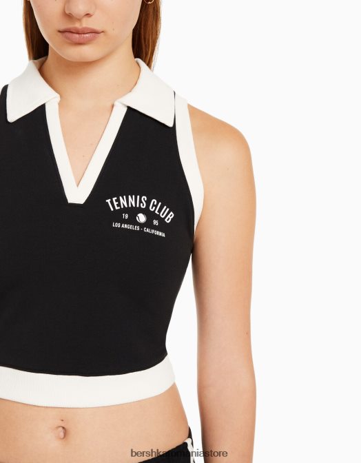 Bershka femei Hanorac fără mâneci cu imprimeu și guler polo negru Z86D1254 îmbrăcăminte