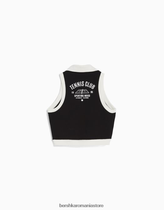 Bershka femei Hanorac fără mâneci cu imprimeu și guler polo negru Z86D1254 îmbrăcăminte