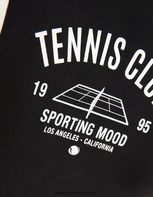 Bershka femei Hanorac fără mâneci cu imprimeu și guler polo negru Z86D1254 îmbrăcăminte