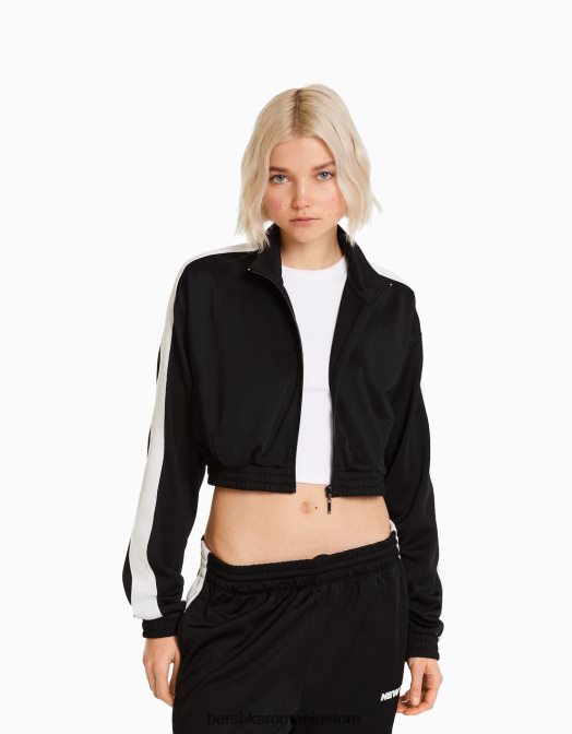 Bershka femei hanorac cu fermoar și dungi laterale negru Z86D1239 îmbrăcăminte