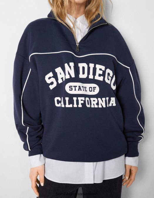 Bershka femei hanorac cu gât înalt, fermoar și imprimeu san diego albastru inchis Z86D1231 îmbrăcăminte