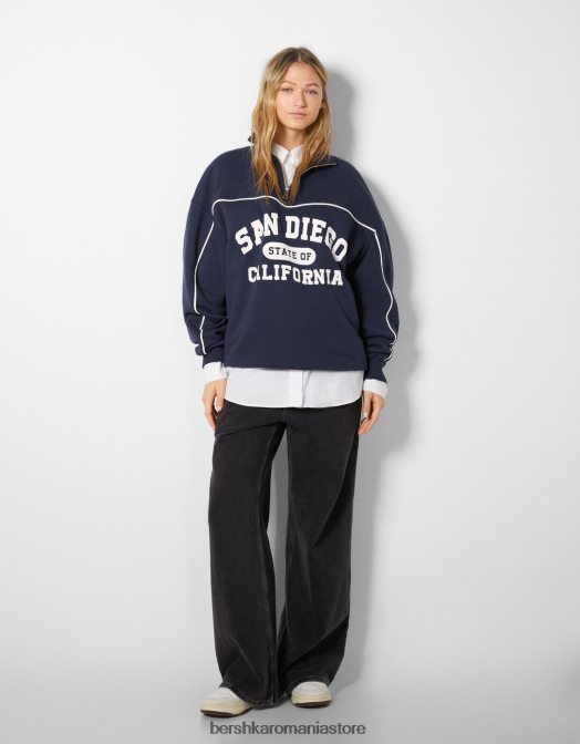 Bershka femei hanorac cu gât înalt, fermoar și imprimeu san diego albastru inchis Z86D1231 îmbrăcăminte