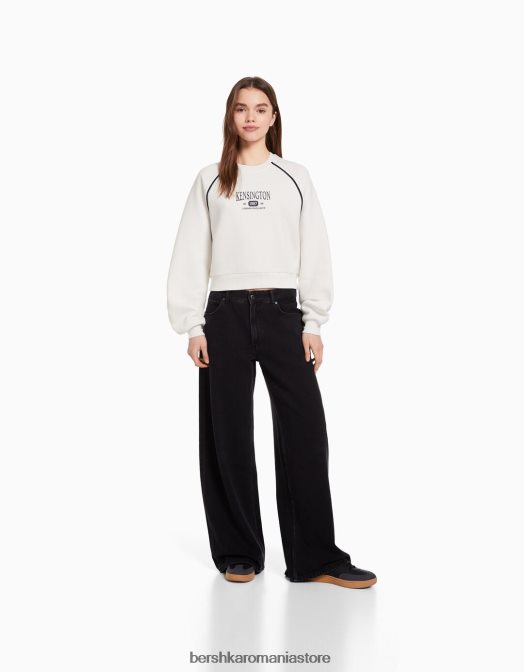 Bershka femei hanorac cu gâtul turn cu imprimeu contrastant cremă Z86D1263 îmbrăcăminte