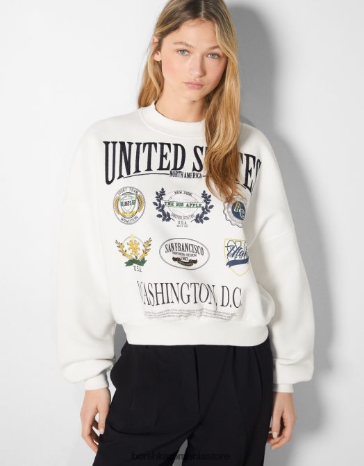 Bershka femei hanorac cu imprimeu brodat alb Z86D1234 îmbrăcăminte