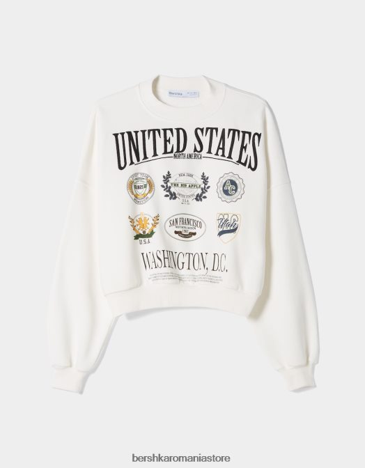 Bershka femei hanorac cu imprimeu brodat alb Z86D1234 îmbrăcăminte