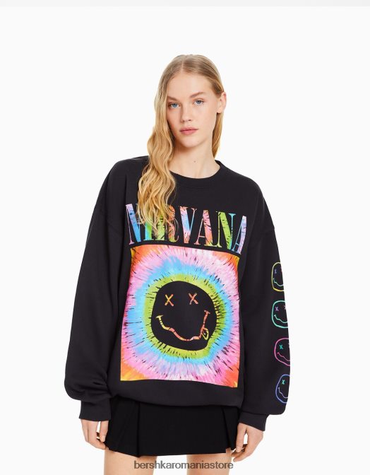 Bershka femei hanorac cu imprimeu nirvana gri inchis Z86D1250 îmbrăcăminte
