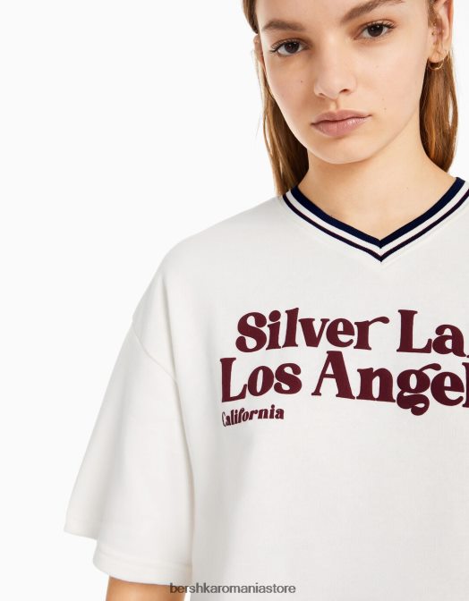 Bershka femei hanorac cu mânecă scurtă cu decolteu în V și imprimeu cremă Z86D587 îmbrăcăminte